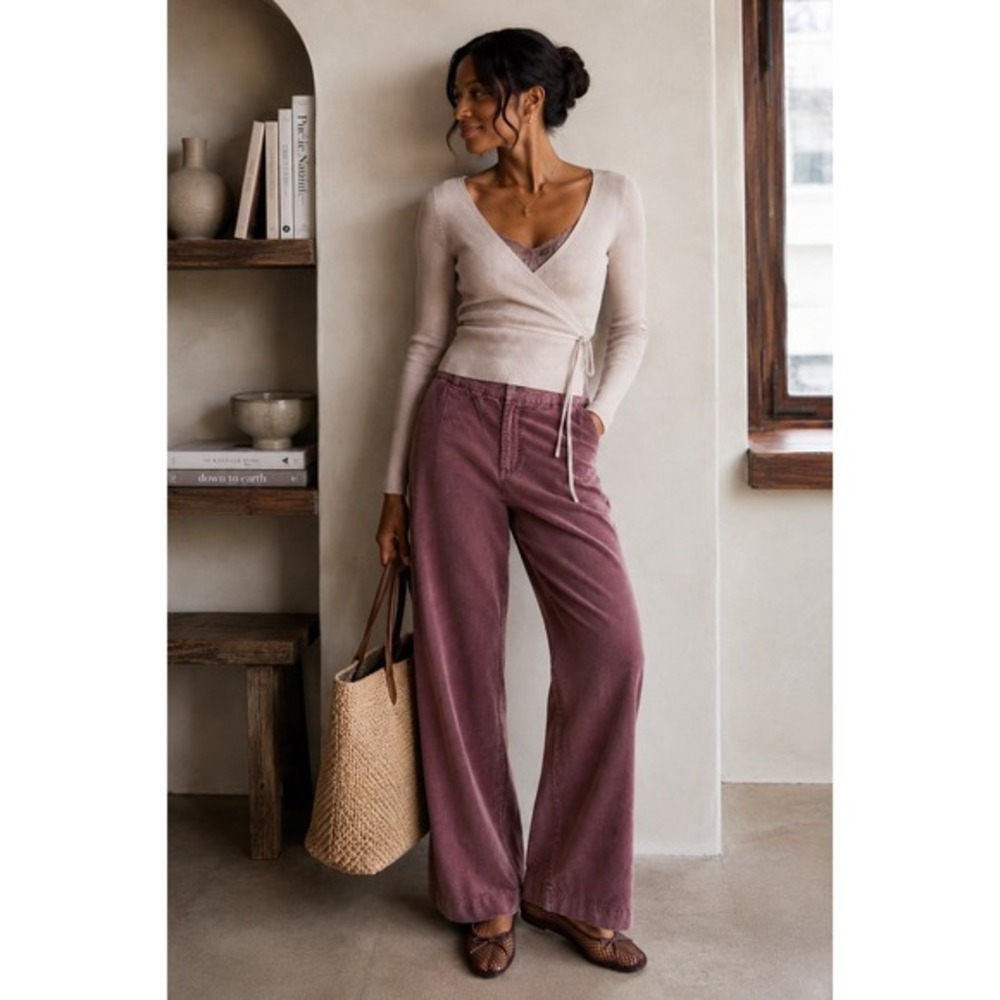 Hello Nite Wide Leg Corduroy Pants Small Mauve Pinot Noir Soft Boho Casual‎ NWT